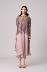 Leah Embroidered Cape Midi Dress - Rose Ash & Burnt Mauve